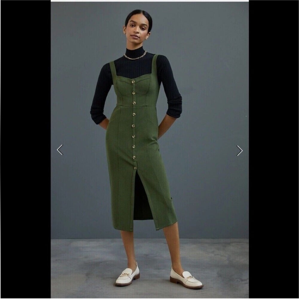 Maeve by Anthropologie Moss Green Knit Button Front Midi Jumper Dress Size 8